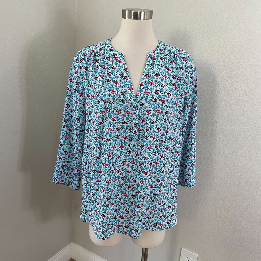Curves 360 By NYDJ Womens Large Floral Blouse 3/4 Sleeve V‎ Neck Shirt